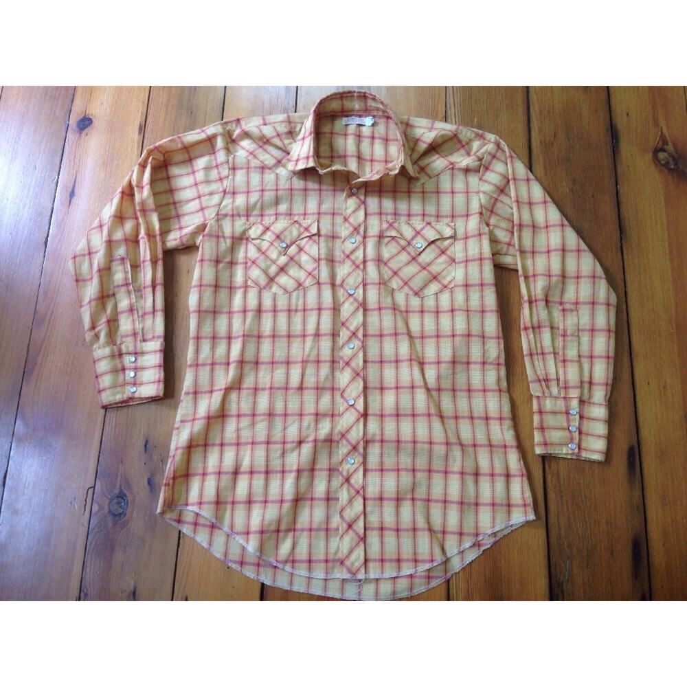Vtg Long Tail Orange Plaid Pearl Snaps Mens Western Cowboy Rodeo Shirt 45" 16-32